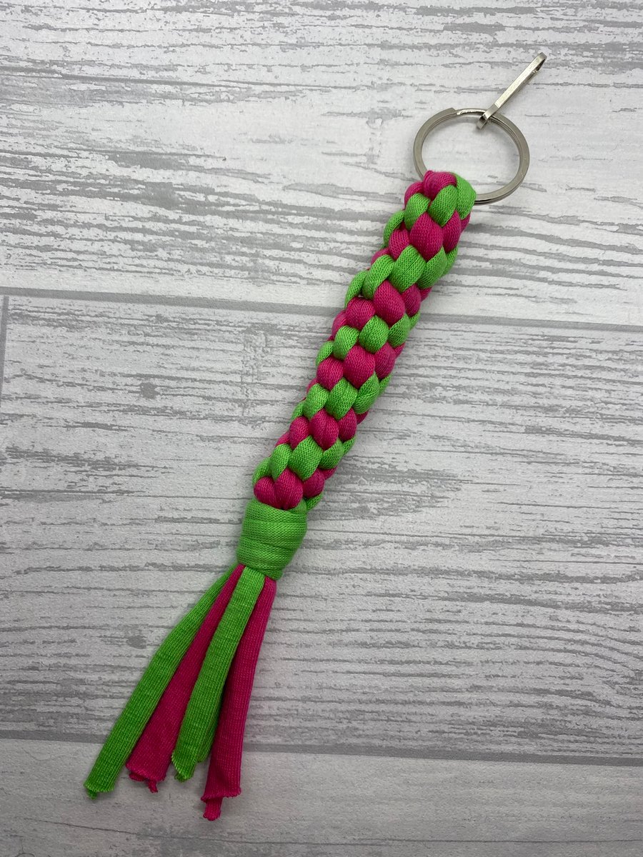 Macrame keyring in pink and green recycled t-shirt yarn