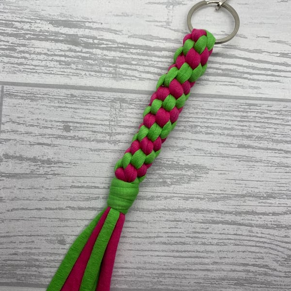 Macrame keyring in pink and green recycled t-shirt yarn