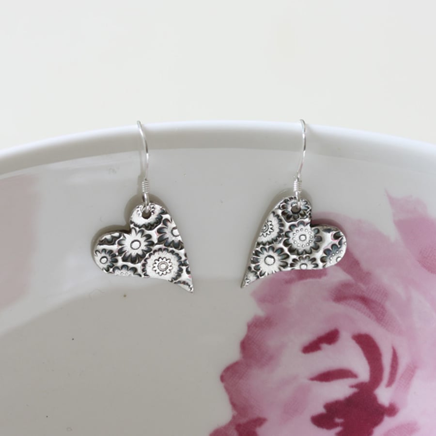 Silver Flower Earrings, Heart Earrings