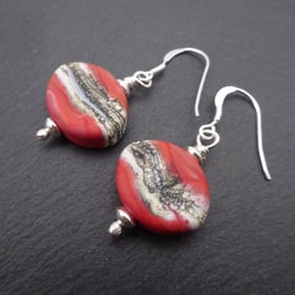 coral wrapped lampwork glass earrings