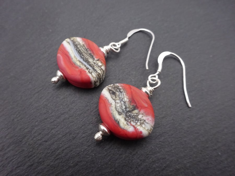 coral wrapped lampwork glass earrings