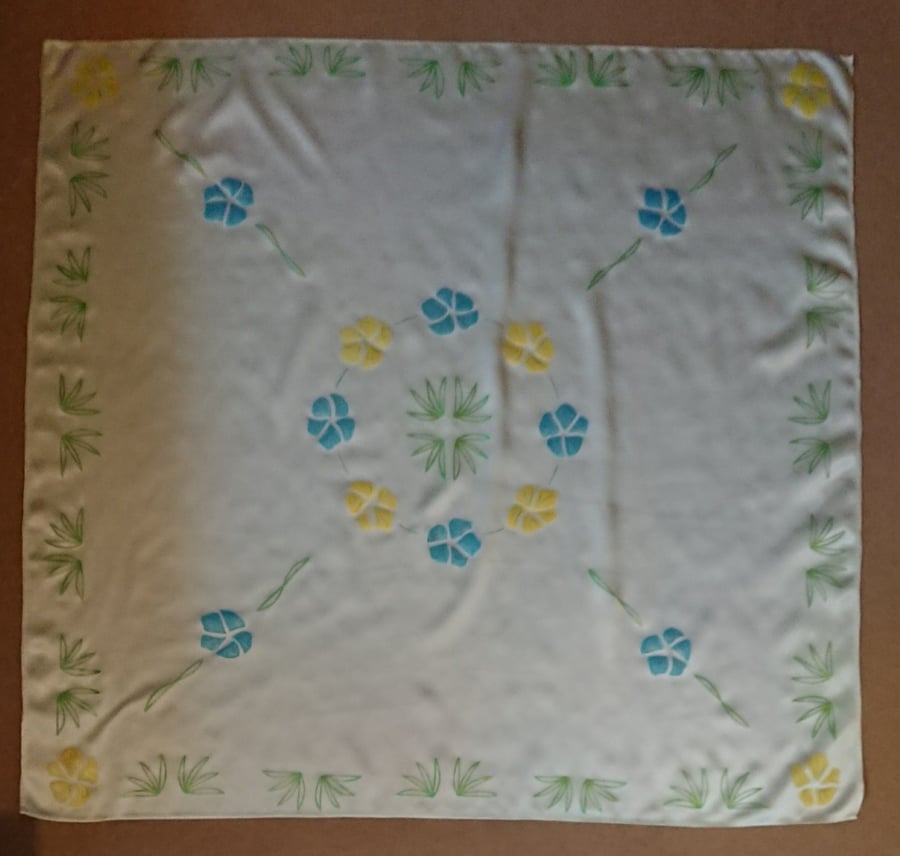Handmade handpainted square grey silk satin scarf with yellow and blue florals