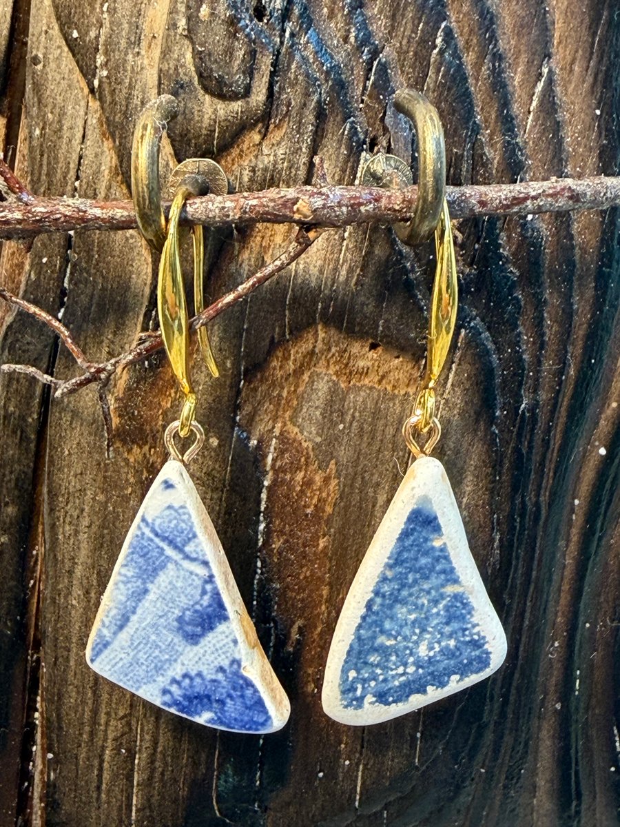 Blue triangular sea pottery earring 