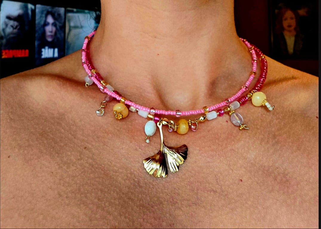 Pink Glass Beads and Gemstones Choker, Golden Ginkgo Leaf, Barbiecore Statement 