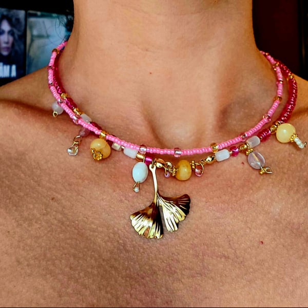 Pink Glass Beads and Gemstones Choker, Golden Ginkgo Leaf, Barbiecore Statement 