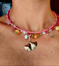 Pink Glass Beads and Gemstones Choker, Golden Ginkgo Leaf, Barbiecore Statement 