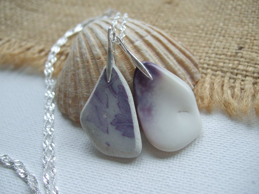 Scottish purple sea pottery and wampum necklace, sea china and quahog shell