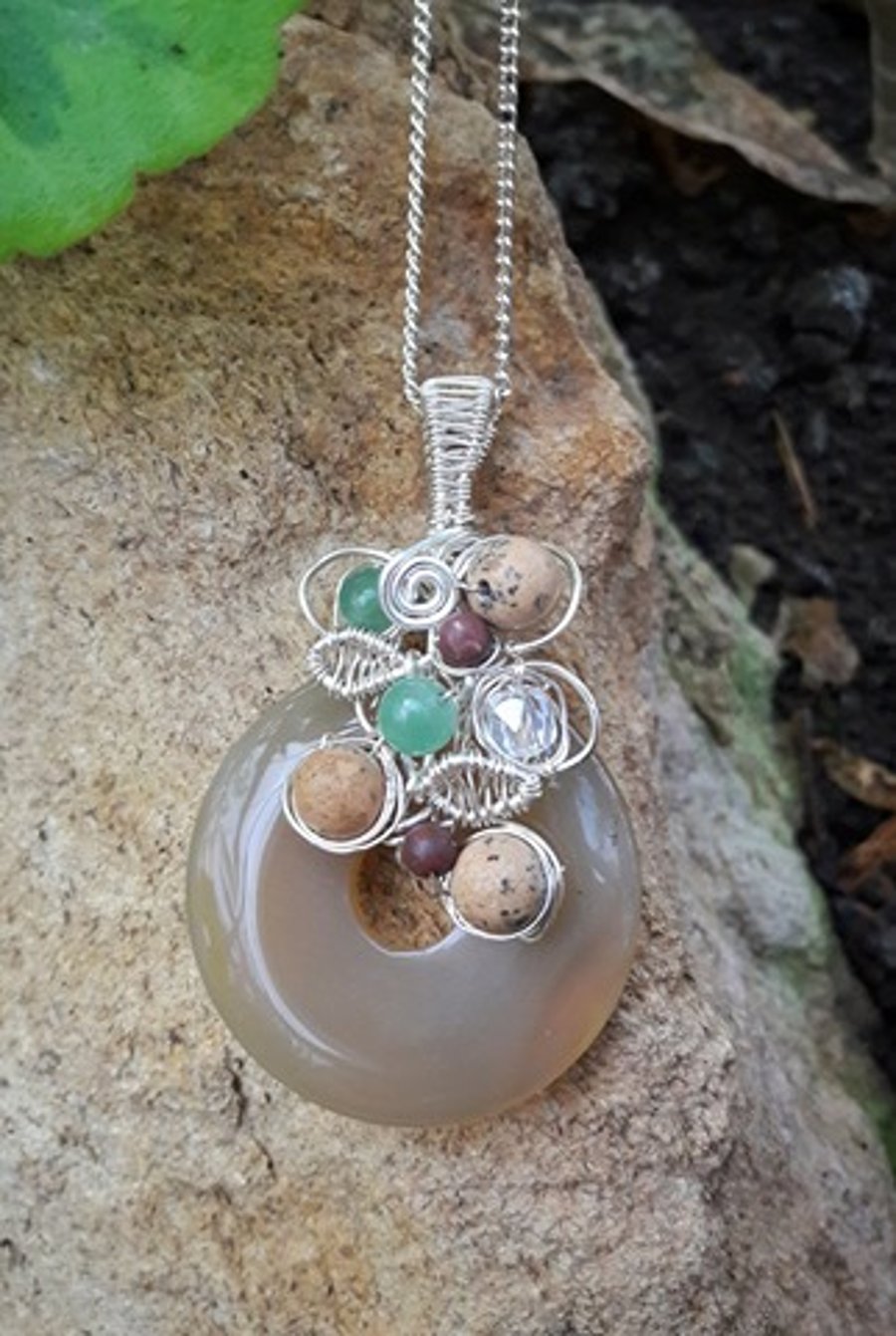 Wirework Gemstone pendant with Yellow Jade, Jasper and Aventurine