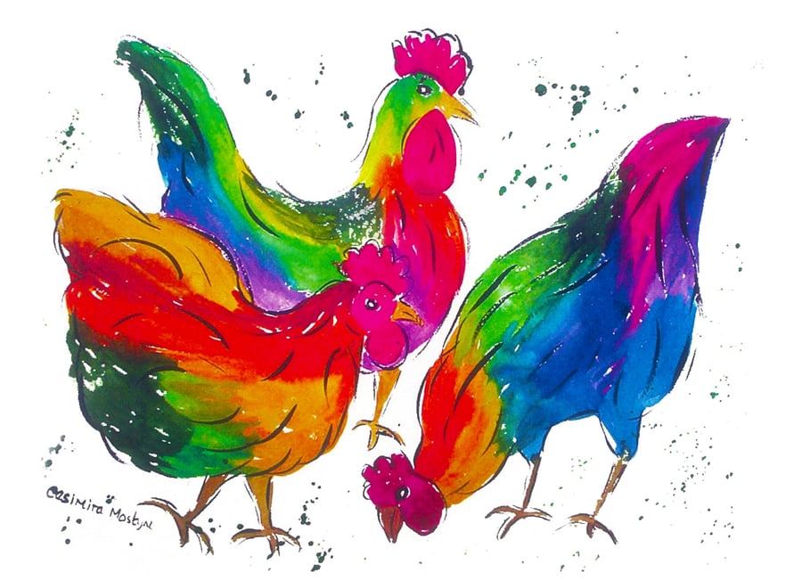 Colourful Cockerels Greeting card 5" x 7" 