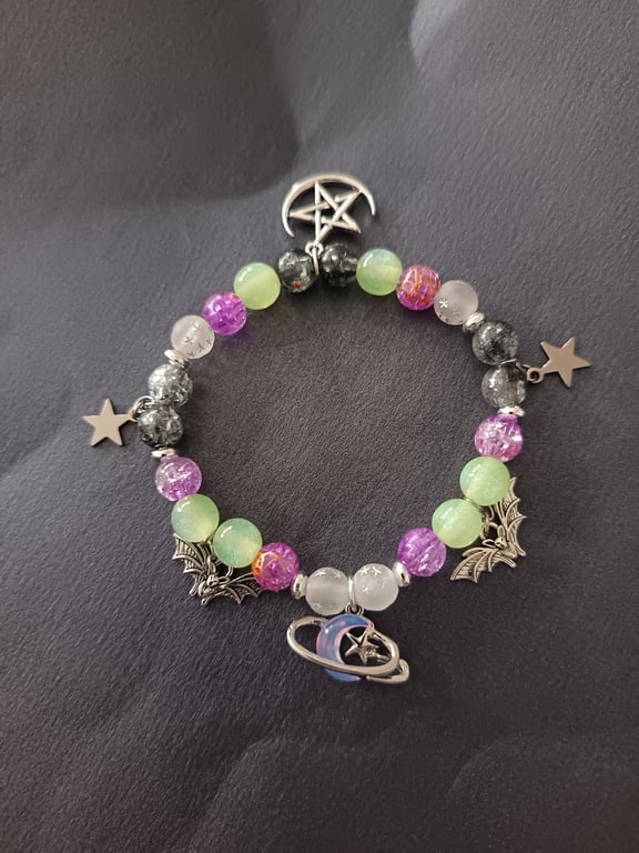 Elasticated celestial and bat charm beaded bracelet
