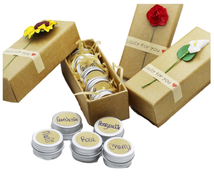 5 LIP BUTTER TINS 6g -Rose, Cherry, Gardenia, Honeysuckle & Neroli, Cocoa & Shea