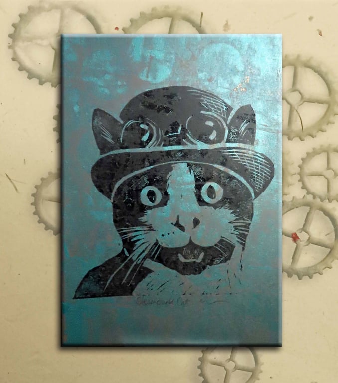 Steampunk Cat One off Hand-Pulled Linocut & Gelli Print Blue