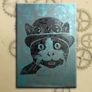 Steampunk Cat One off Hand-Pulled Linocut & Gelli Print Blue