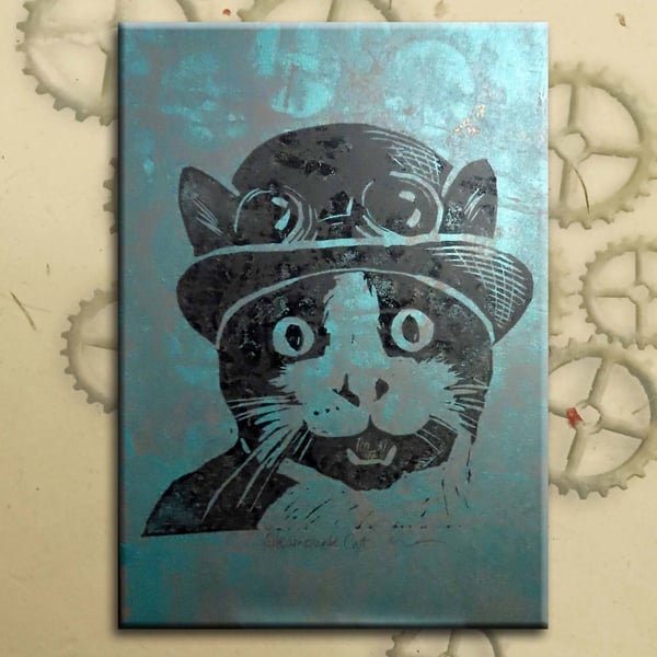 Steampunk Cat One off Hand-Pulled Linocut & Gelli Print Blue