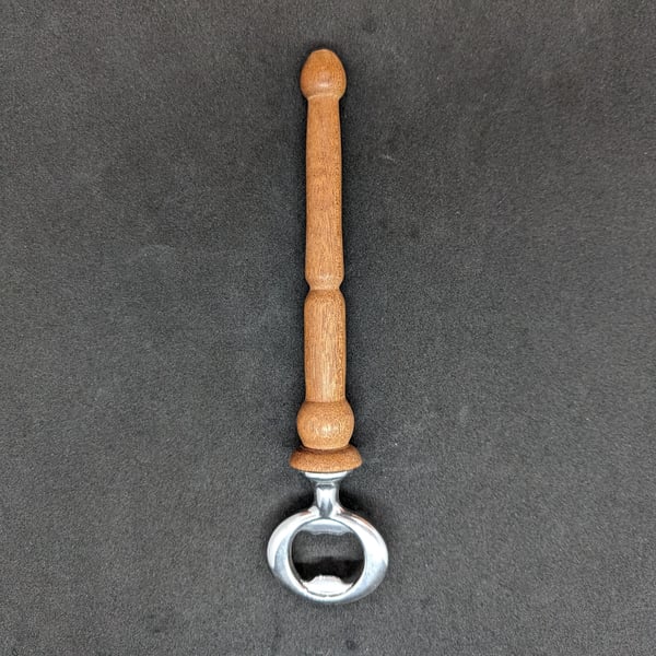 Handcrafted, Handcrafted, lathe turned bottle opener with an Iroko handle