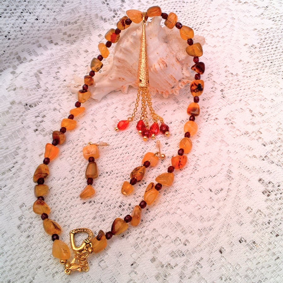 Carnelian Nugget Beads and Red Crystal Jewellery Set, Gift for Her, Gift Set