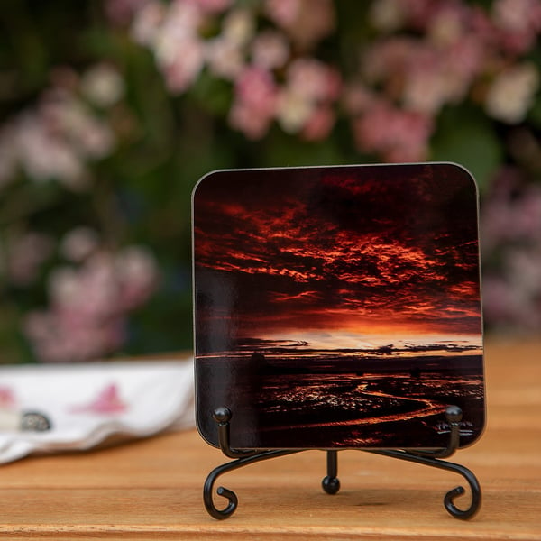 Holy Island Wooden Coaster - Northumberland Gifts - Sunset North Sea Photo Gift 
