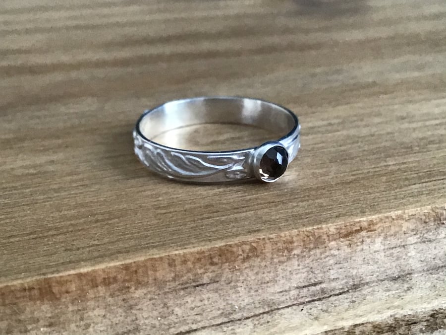 Sterling silver leaf and vine patterned Smoky Quartz dainty gemstone set ring