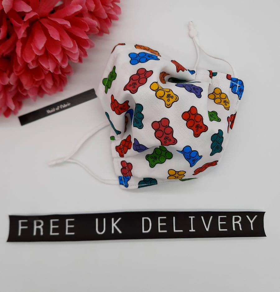 Face mask,  medium, gummy bears, adjustable,  nose wire,  3 layer. 