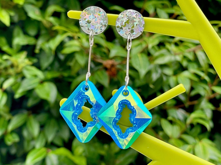 RESIN DRUZY NEON EARRINGS holograph silver plated blue festival rave