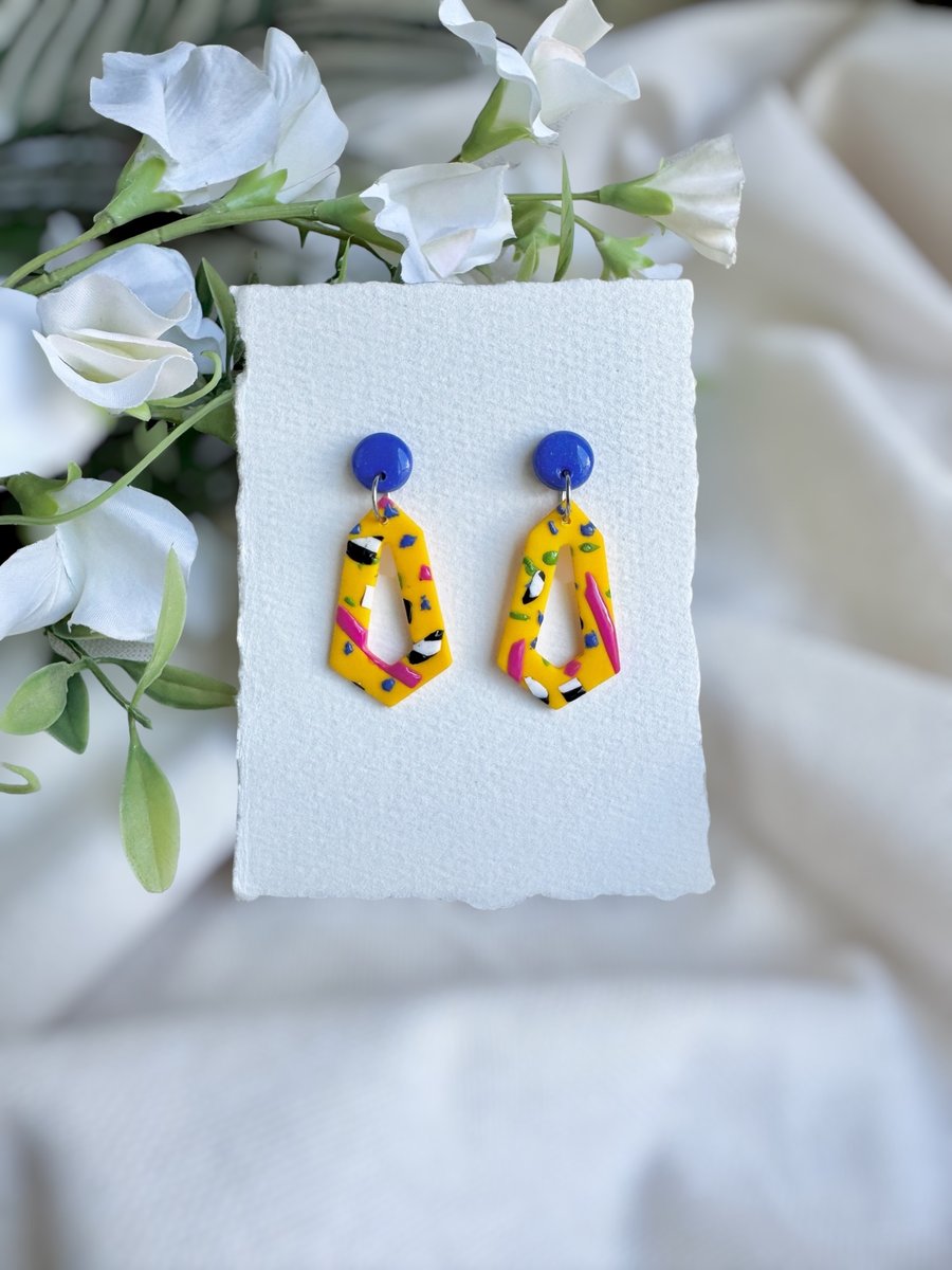 Terrazzo Polymer Clay Earrings - Yellow and Cobalt Blue Dangles