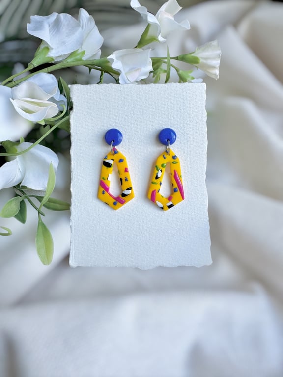 Terrazzo Polymer Clay Earrings - Yellow and Cobalt Blue Dangles