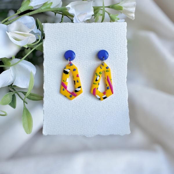 Terrazzo Polymer Clay Earrings - Yellow and Cobalt Blue Dangles
