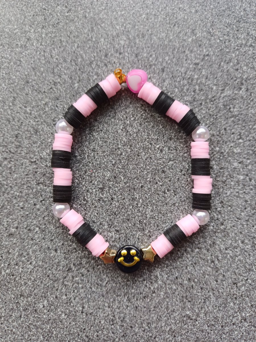 Pink and Black Smiley Face Bracelet, Clay beaded bracelet, Preppy bracelet