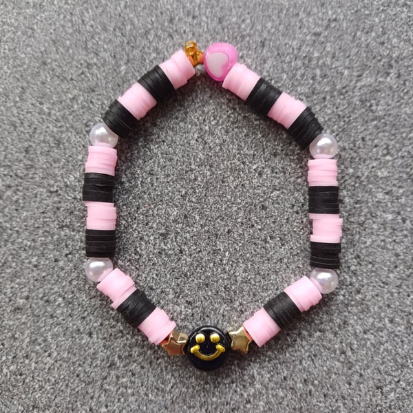 Pink and Black Smiley Face Bracelet, Clay beaded bracelet, Preppy bracelet