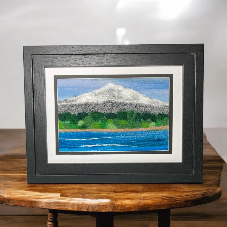 Silk and wool needle felted textile art picture, Mountains, in mounted or framed