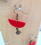 Red Leather Dangle Drop Earrings Half Moon and Gunmetal Floral Bead  - Image 3