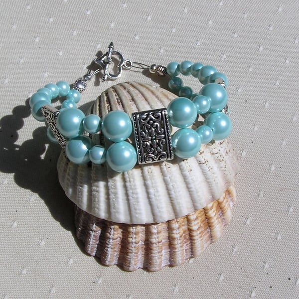 Turquoise Shell Pearl Beaded Vibrant Chunky Beaded Bracelet "Turquoise Bliss"