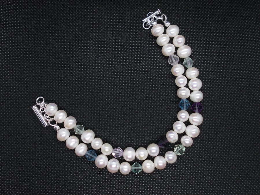 Two strand pearl and fluorite bracelet