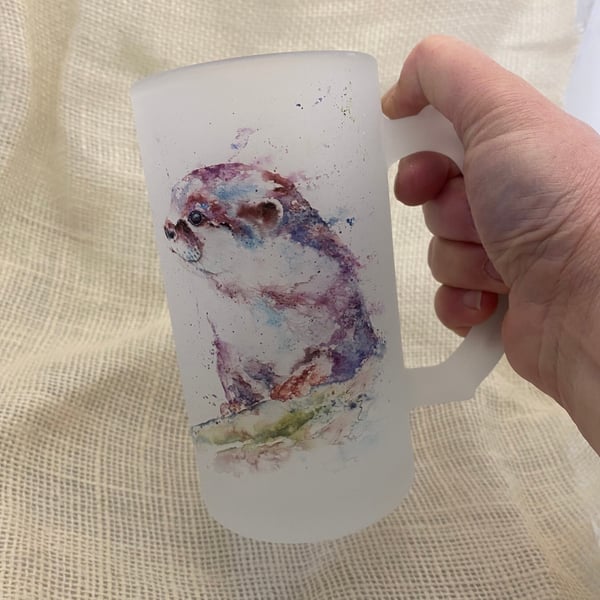 Otter Frosted Beer Glass, Tankard, Stein, 500ml Drinks Glass with Handle. Waterc