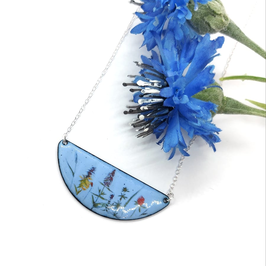 Light blue enamel Wild Flowers half-moon necklace