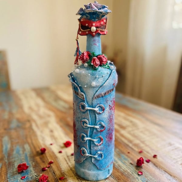 The Masquerade Lady Handcrafted Altered Bottle Art Mixed Media Roses & Pearls 