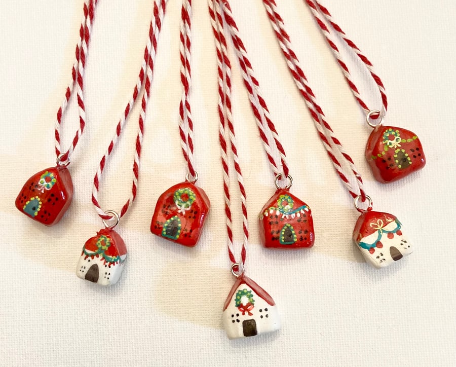 7 Miniature Christmas Cottage House Hanging Decorations Hand Made Painted Clay