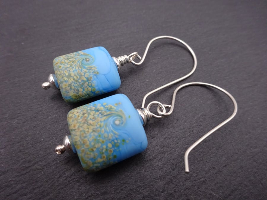 sterling silver earrings, blue lampwork glass beads