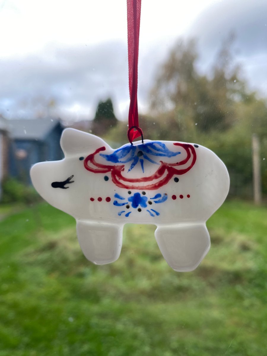Fused Glass Hand Painted Folk Art Pig 