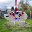 Fused Glass Hand Painted Folk Art Pig 