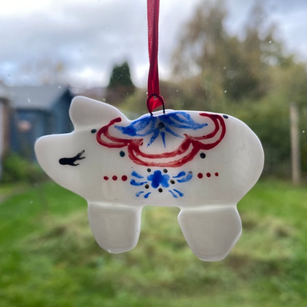 Fused Glass Hand Painted Folk Art Pig 