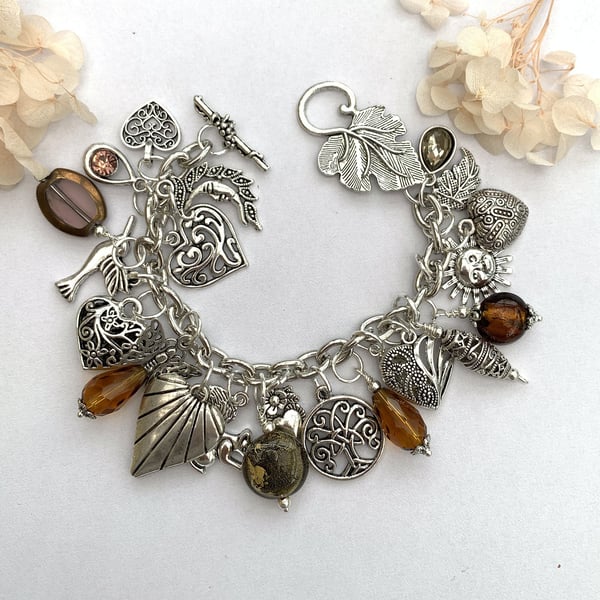 Silver Heart and Gemstone Charm Bracelet