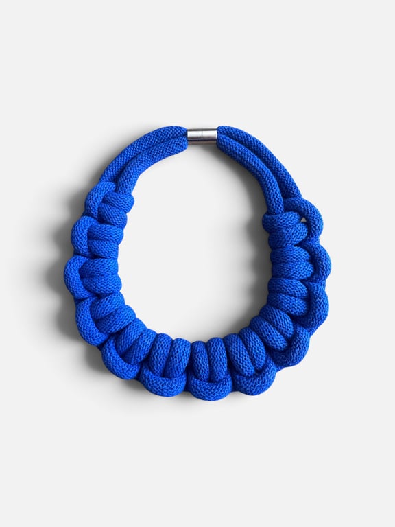 Electric Blue Sculptural Knot Necklace – Handmade Recycled Cotton Cord