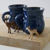 Two stoneware pottery coffee mugs - glazed in midnight blue with tiny mouse