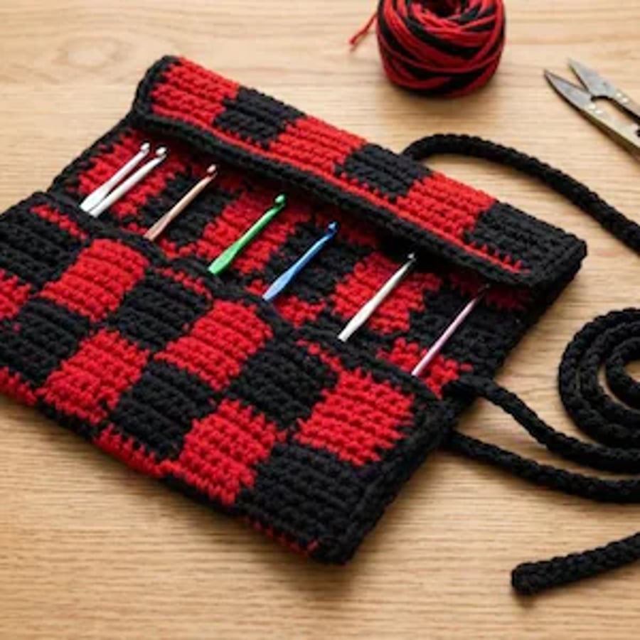 Handmade Checkerboard Crochet Hook Roll Pouch Storage Organiser for Crocheters