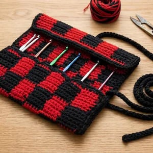 Handmade Checkerboard Crochet Hook Roll Pouch Storage Organiser for Crocheters