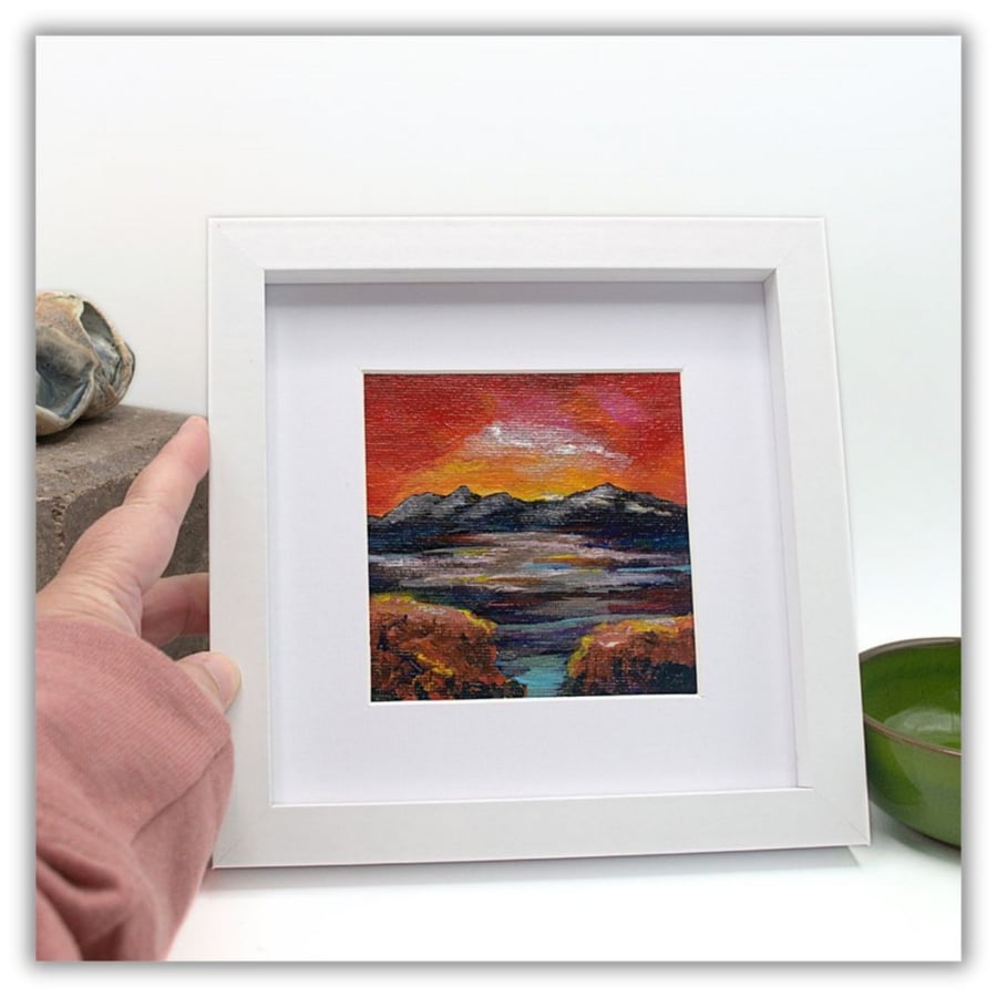 Framed acrylic painting - Scottish landscape - red sky - coast