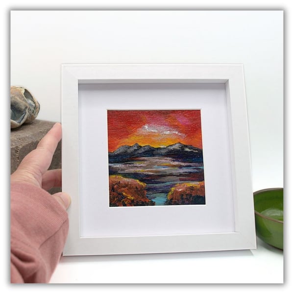 Framed acrylic painting - Scottish landscape - red sky - coast