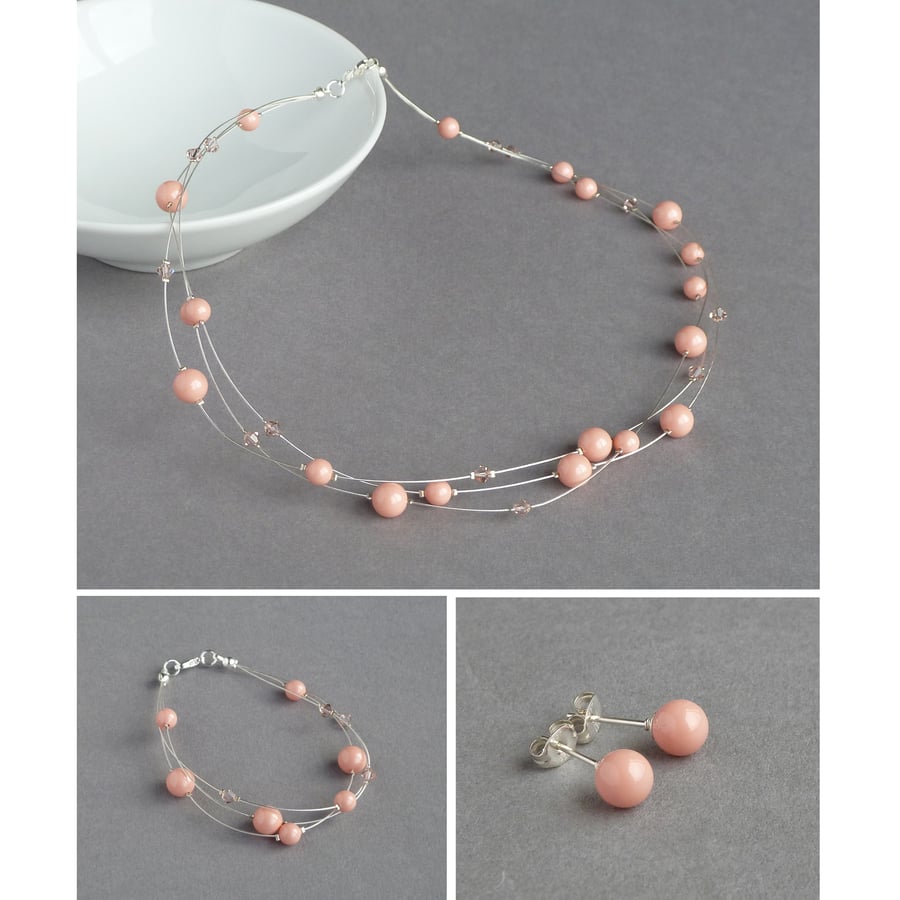 Coral Pink Jewellery Set - Floating Pearl Necklace, Bracelet and Stud Earrings