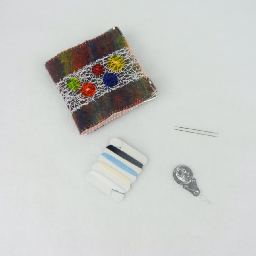Felted sewing needle case, needle book, mending kit, rainbow with buttons - SALE